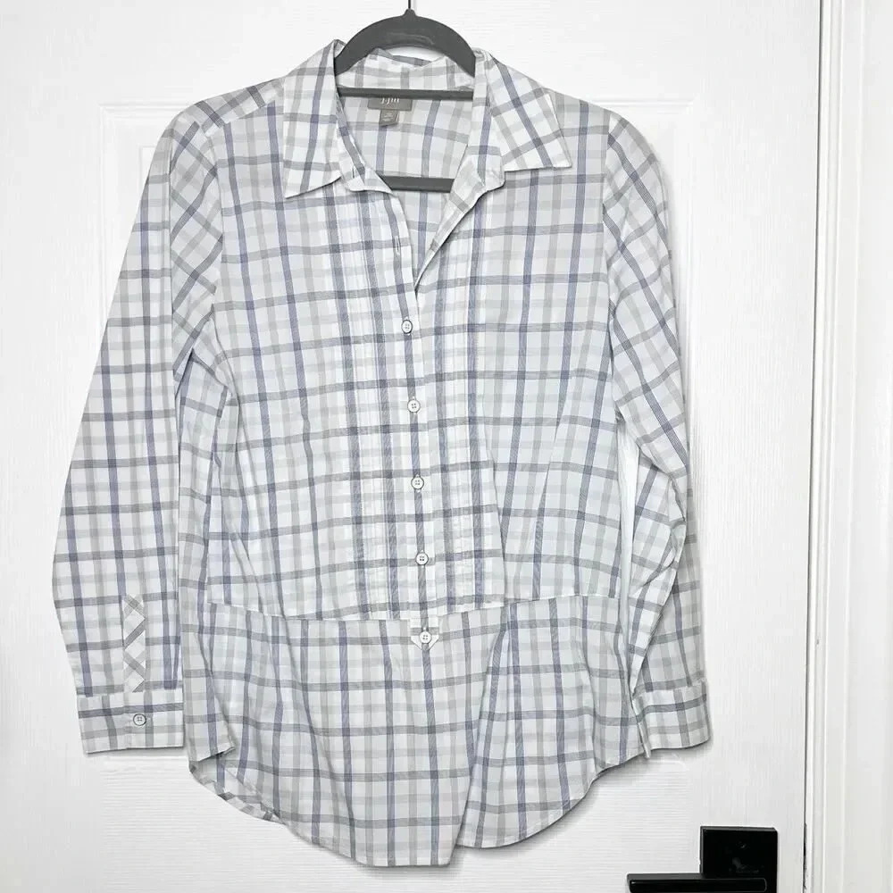J. JILL XS Petite Popover Top Blue Gray Plaid‎ Business Casual Office Workwear